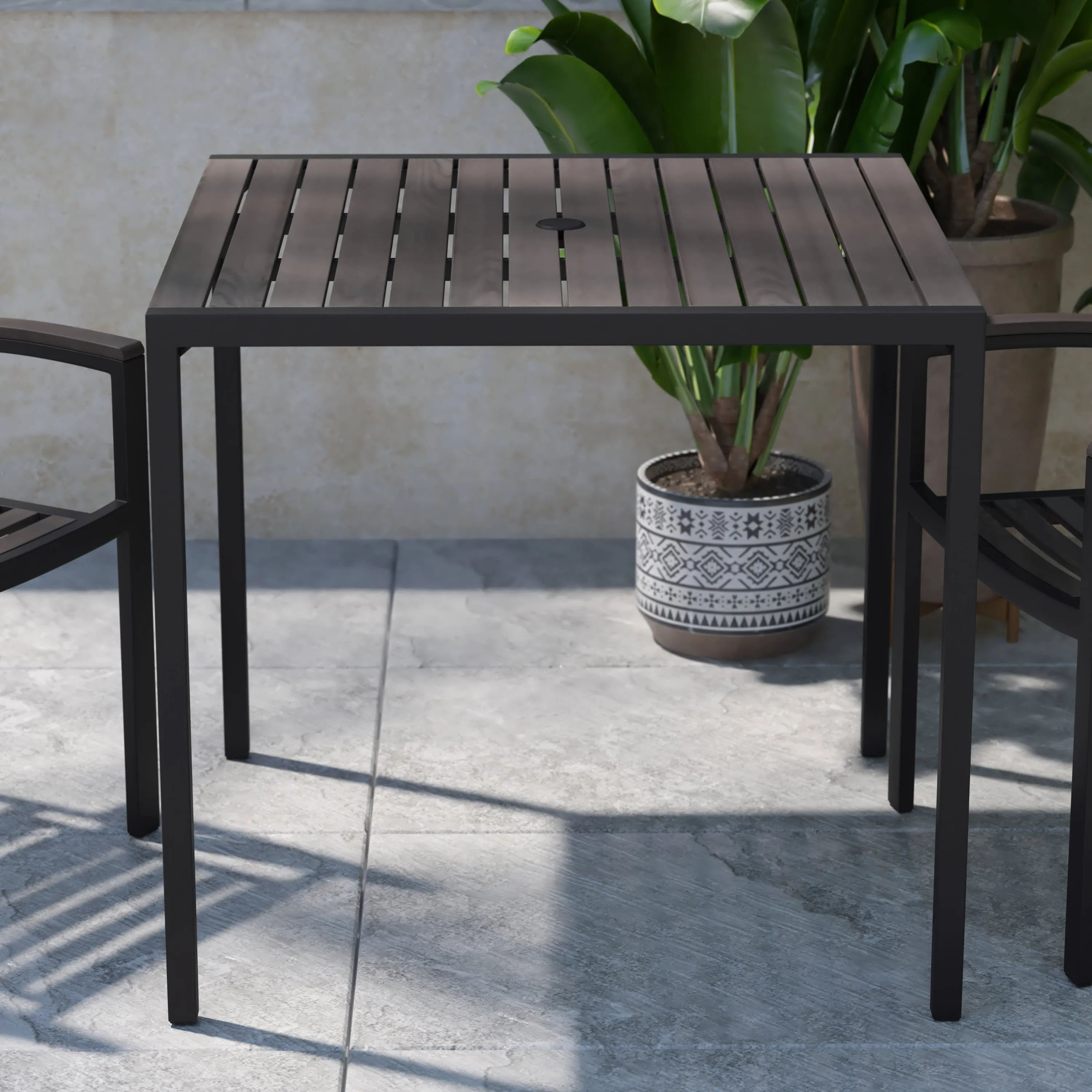 Outdoor Dining Table with Synthetic Teak Poly Slats - Square Steel Framed Restaurant Table with Umbrella Holder Hole
