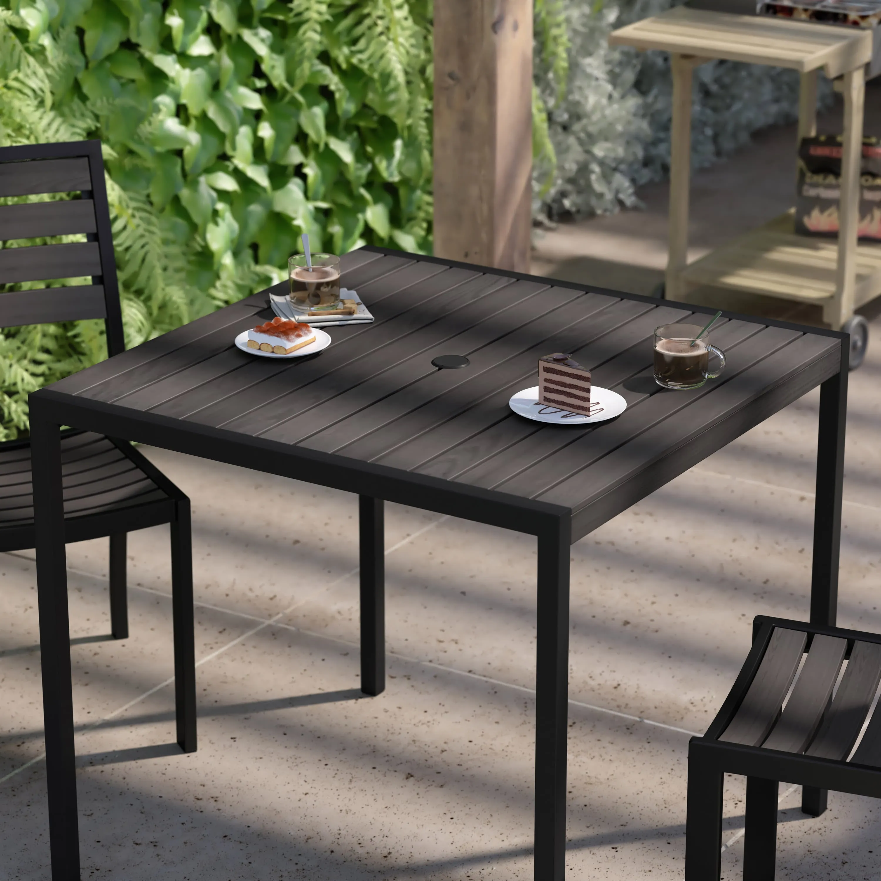 Outdoor Dining Table with Synthetic Teak Poly Slats - Square Steel Framed Restaurant Table with Umbrella Holder Hole