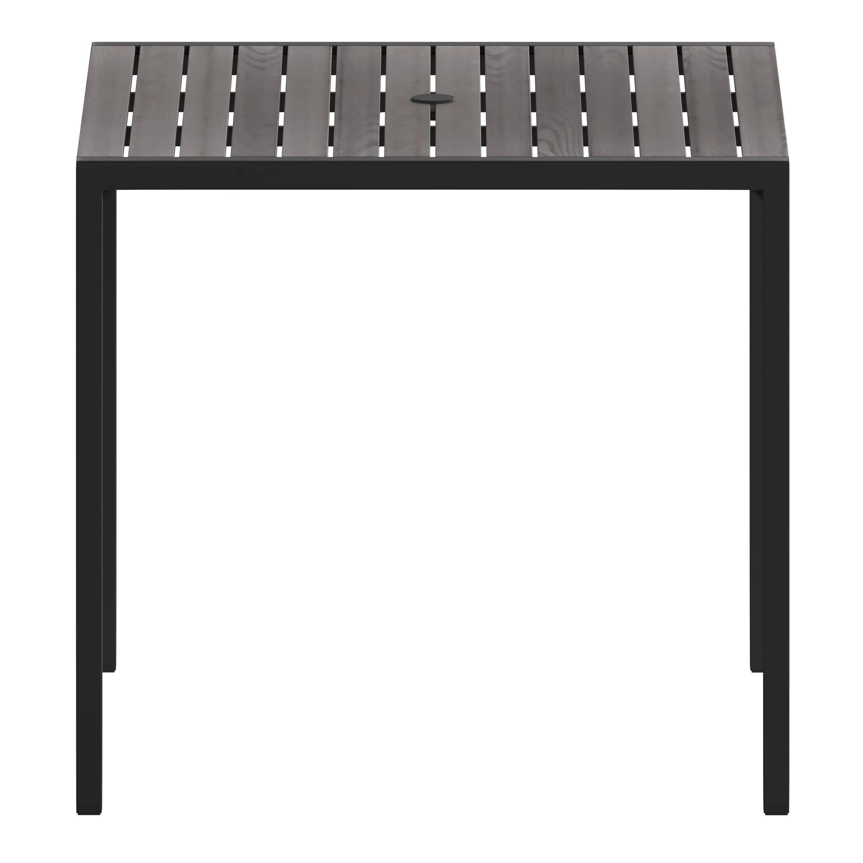Outdoor Dining Table with Synthetic Teak Poly Slats - Square Steel Framed Restaurant Table with Umbrella Holder Hole