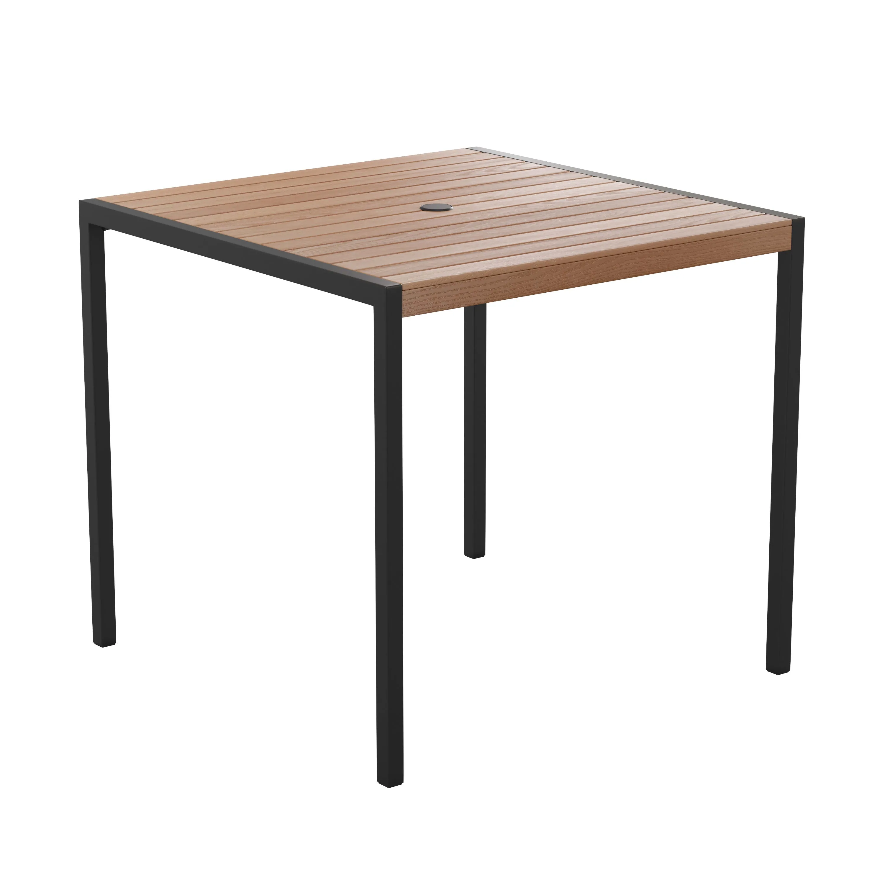 Outdoor Dining Table with Synthetic Teak Poly Slats - Square Steel Framed Restaurant Table with Umbrella Holder Hole