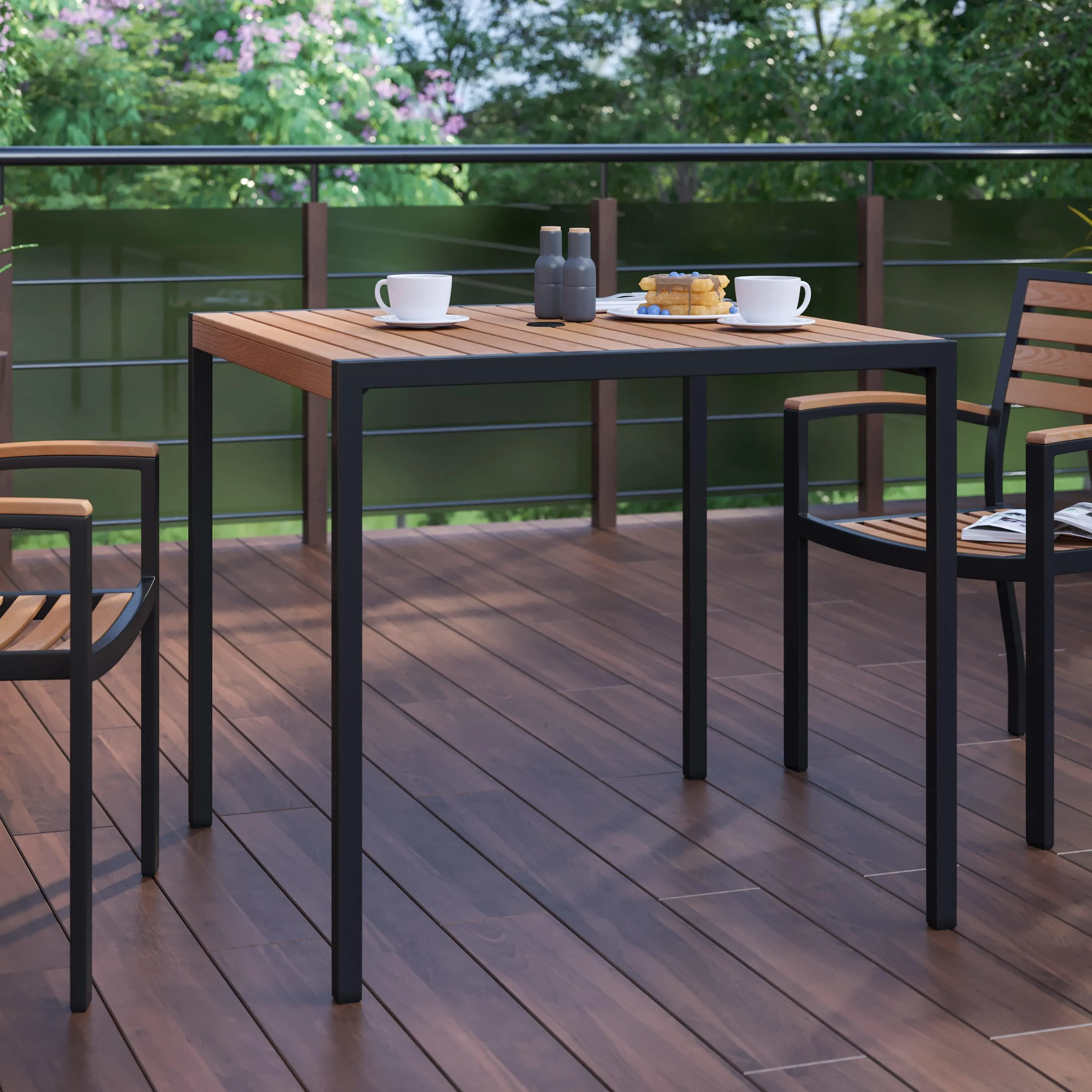 Outdoor Dining Table with Synthetic Teak Poly Slats - Square Steel Framed Restaurant Table with Umbrella Holder Hole