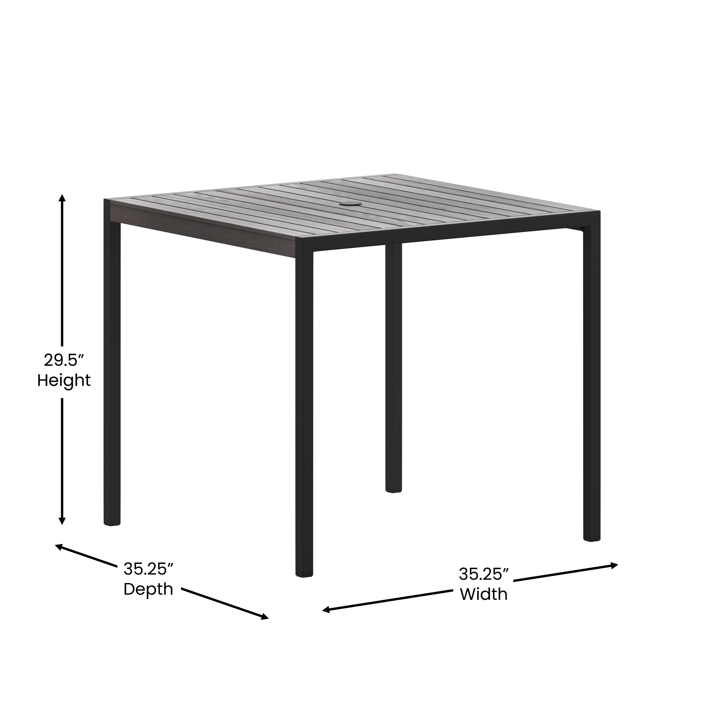 Outdoor Dining Table with Synthetic Teak Poly Slats - Square Steel Framed Restaurant Table with Umbrella Holder Hole