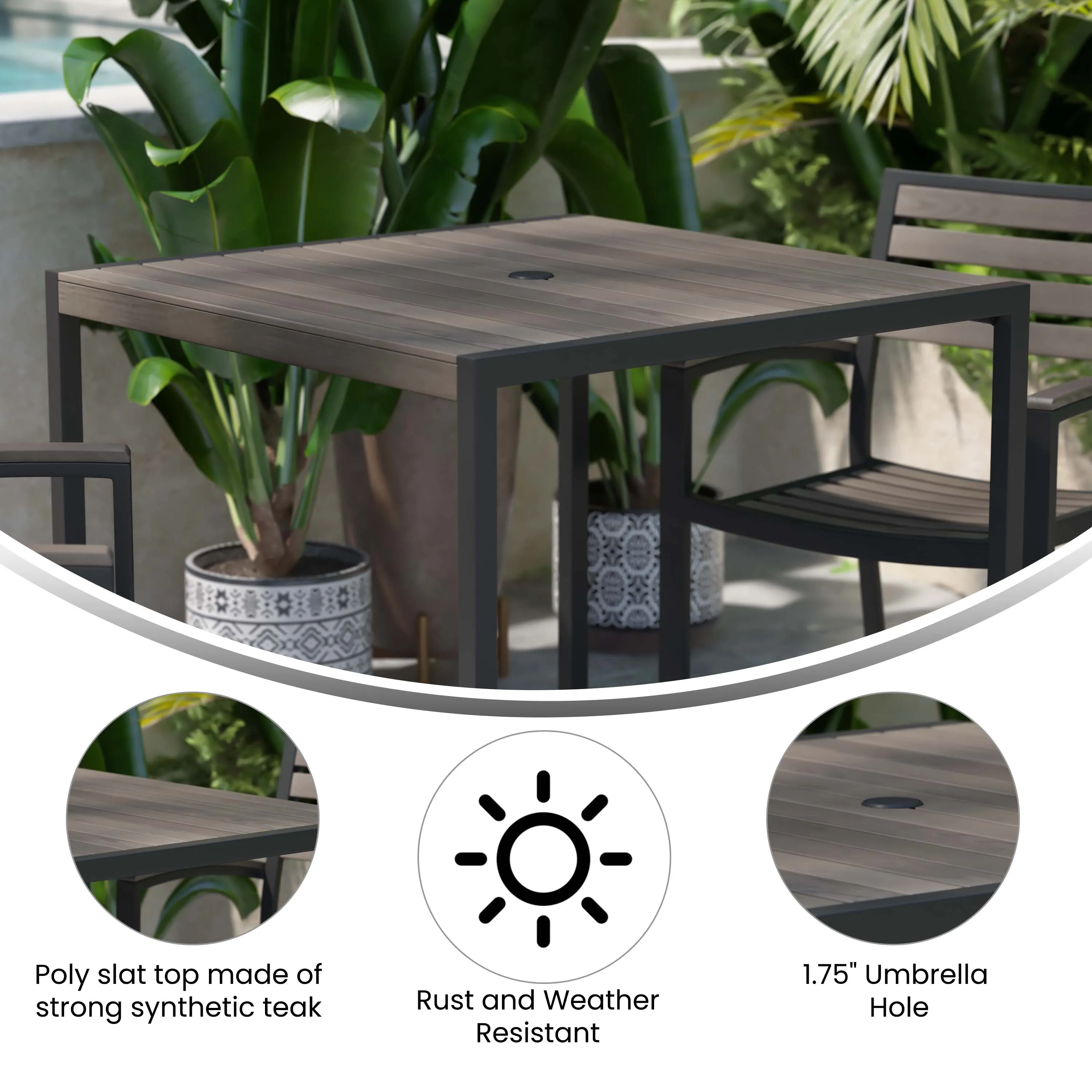 Outdoor Dining Table with Synthetic Teak Poly Slats - Square Steel Framed Restaurant Table with Umbrella Holder Hole