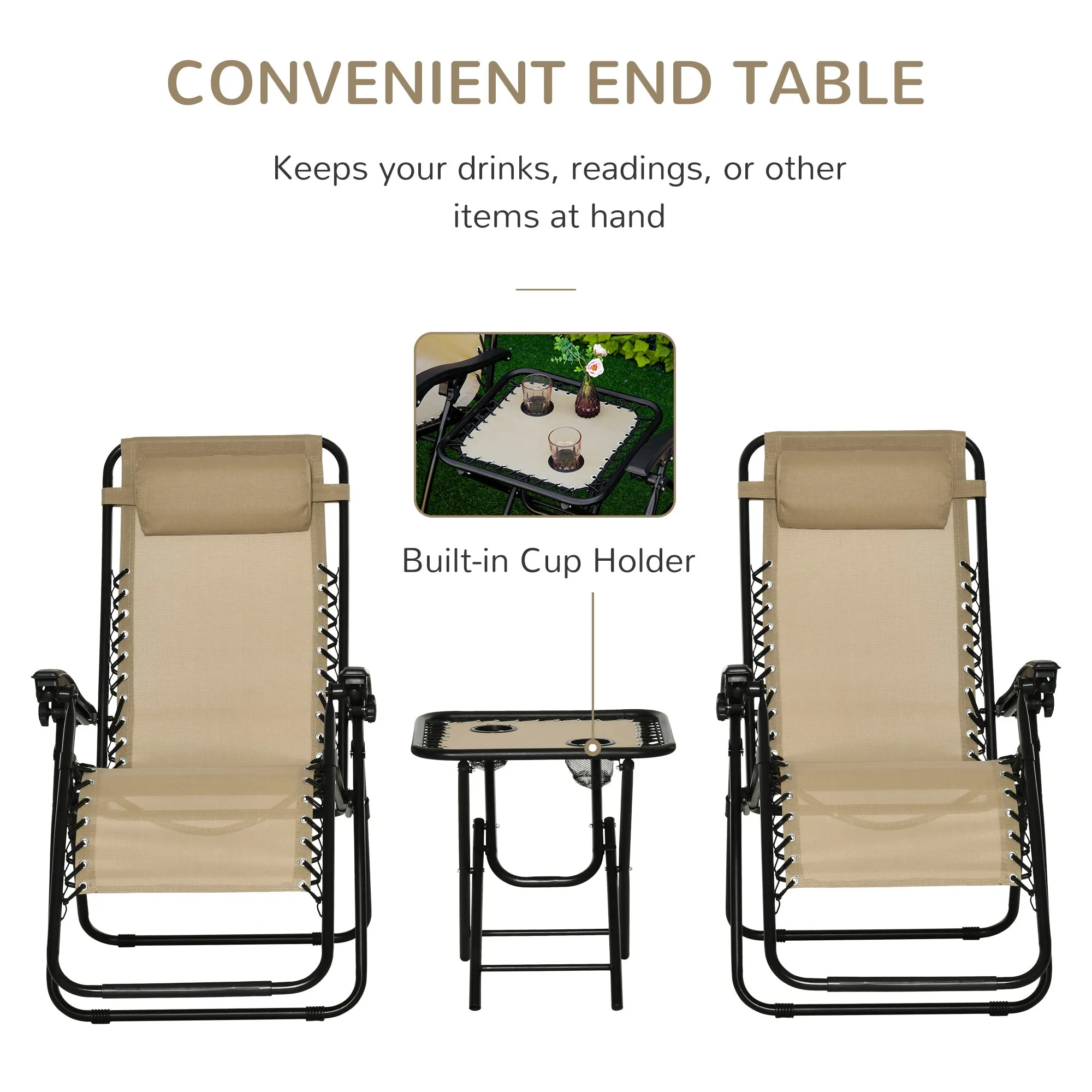 Outsunny 3pcs Folding Zero Gravity Chairs Sun Lounger Table Set w/ Cup Holders Reclining Garden Yard Pool