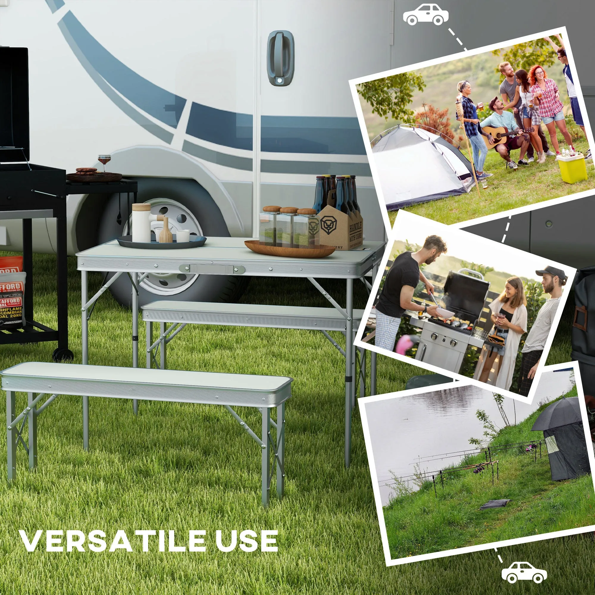 Outsunny Camping Picnic Table and 2 Benches Folding Aluminium Garden Table Set