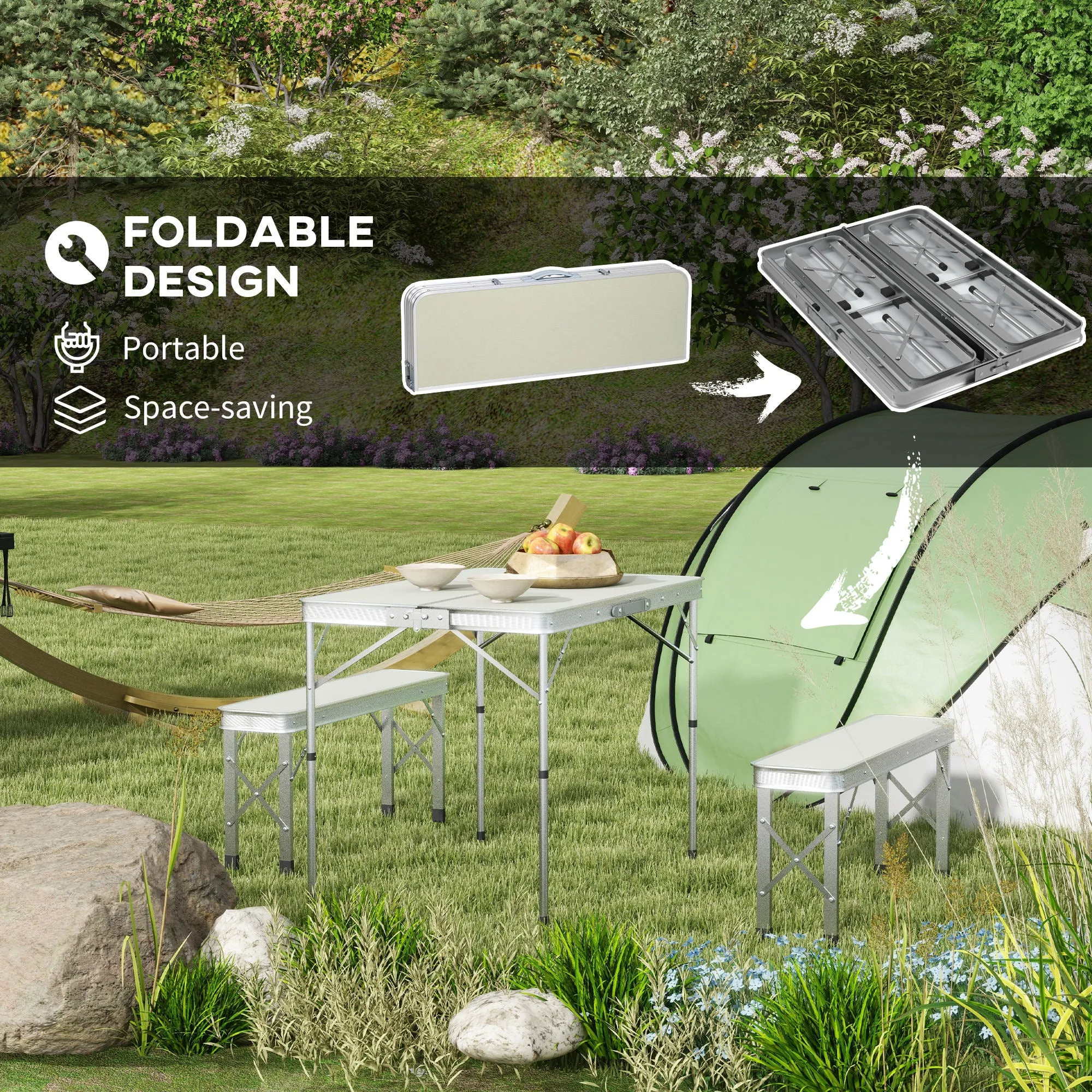 Outsunny Camping Picnic Table and 2 Benches Folding Aluminium Garden Table Set