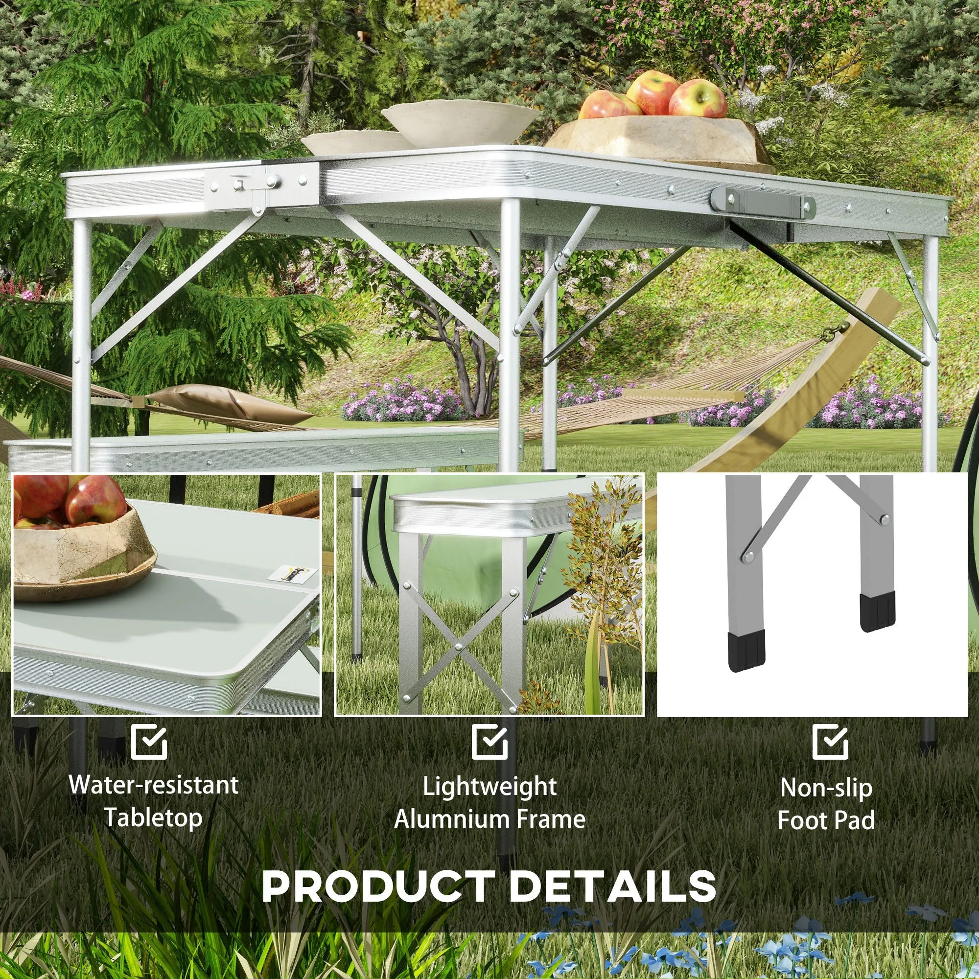 Outsunny Camping Picnic Table and 2 Benches Folding Aluminium Garden Table Set