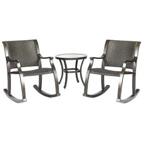 Set of 3 Tempered Glass Table Wicker Mesh Rocking Chairs Outdoor Patio Furniture