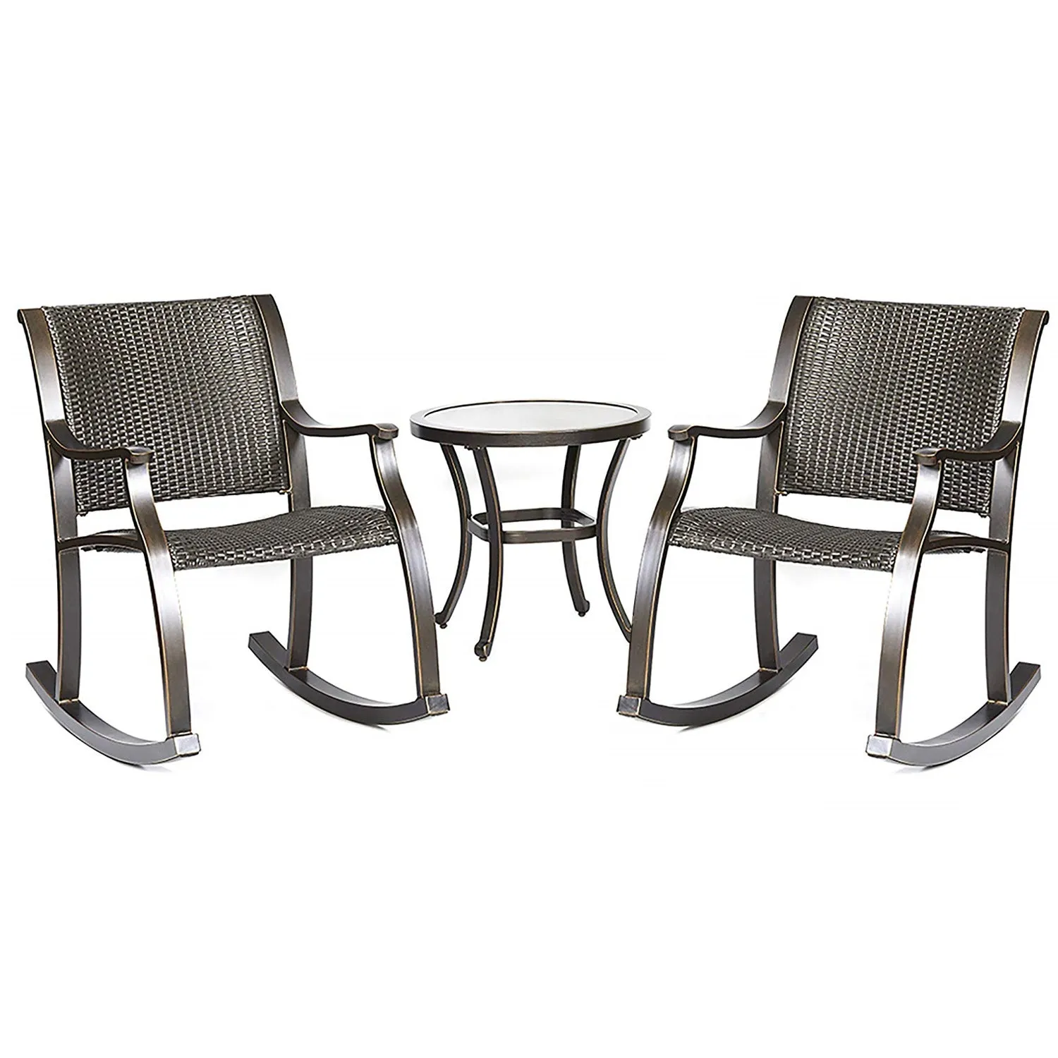 Set of 3 Tempered Glass Table Wicker Mesh Rocking Chairs Outdoor Patio Furniture