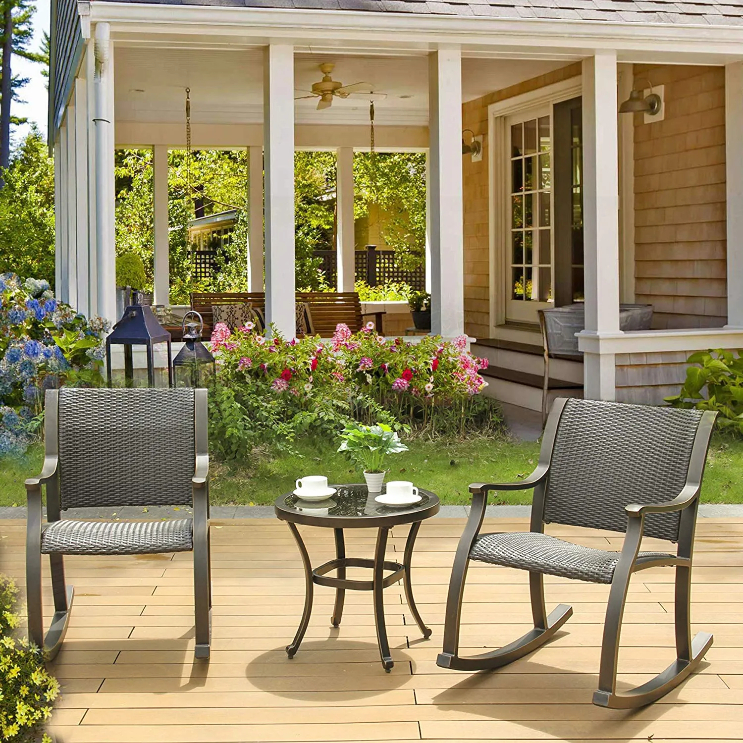 Set of 3 Tempered Glass Table Wicker Mesh Rocking Chairs Outdoor Patio Furniture