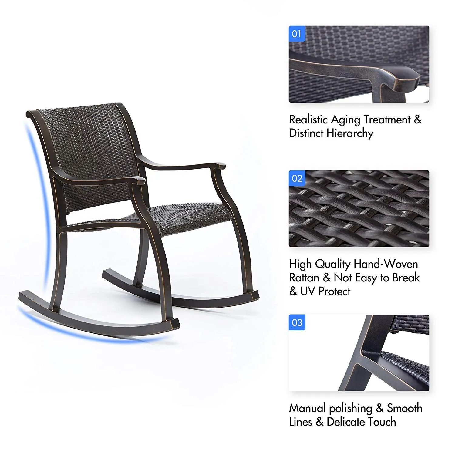 Set of 3 Tempered Glass Table Wicker Mesh Rocking Chairs Outdoor Patio Furniture