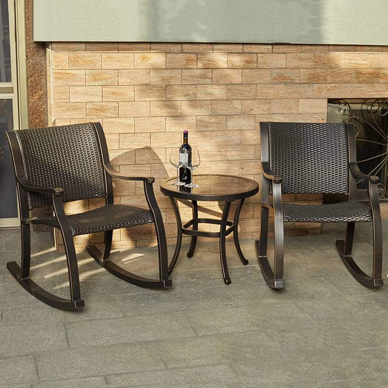 Set of 3 Tempered Glass Table Wicker Mesh Rocking Chairs Outdoor Patio Furniture