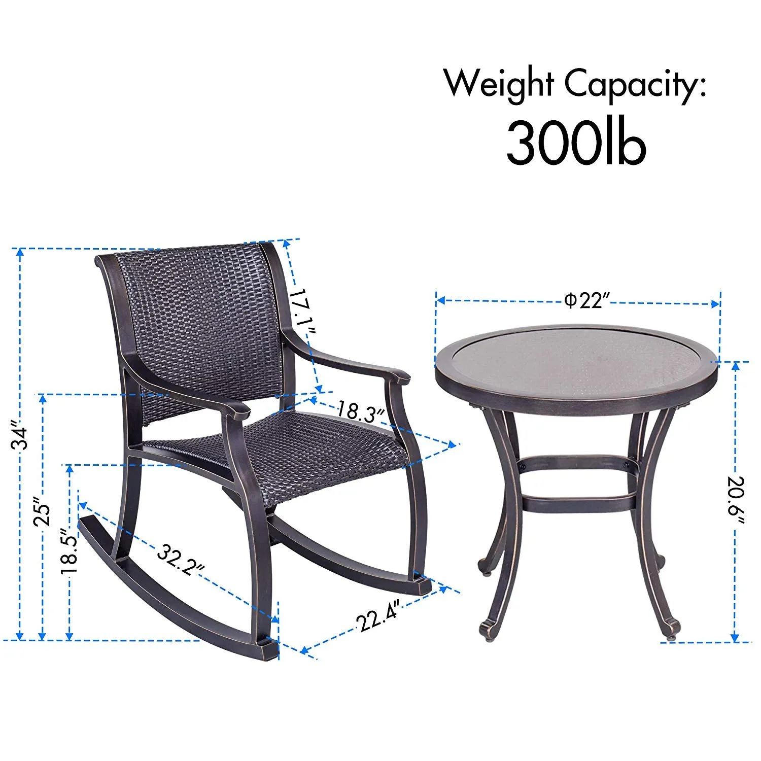 Set of 3 Tempered Glass Table Wicker Mesh Rocking Chairs Outdoor Patio Furniture
