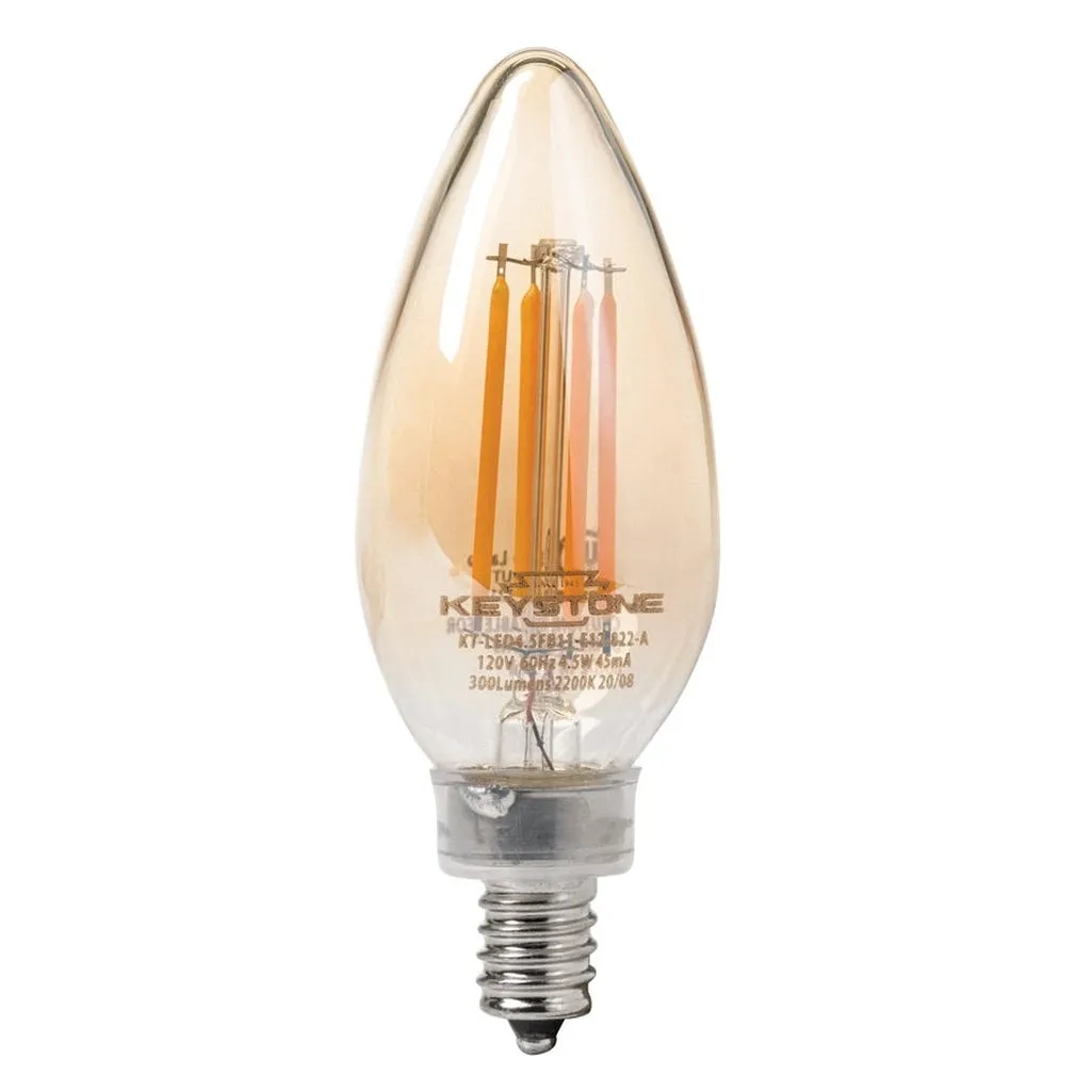 Straight Tip Chandelier Filament Bulb, 40W Equivalent, B11 shape, E12 Candelabra base, 2200K, 80 CRI , Amber