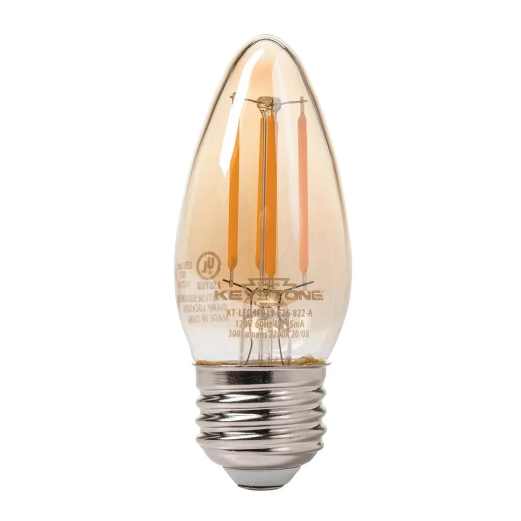 Straight Tip Chandelier Filament bulb, 60W Equivalent, B11 shape, E12 Candelabra base, 2200K, 80 CRI , Amber
