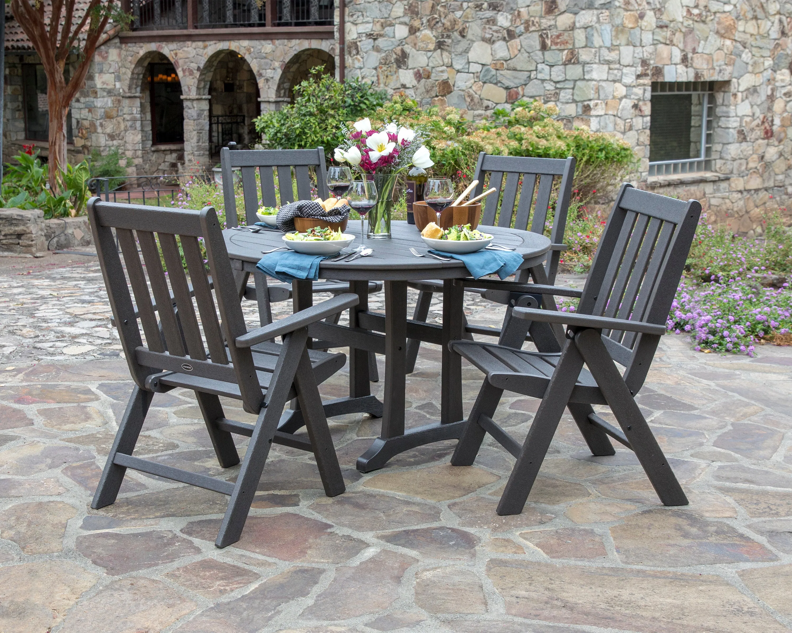 Vineyard Folding Chair 5-Piece Round Dining Set with Trestle Legs